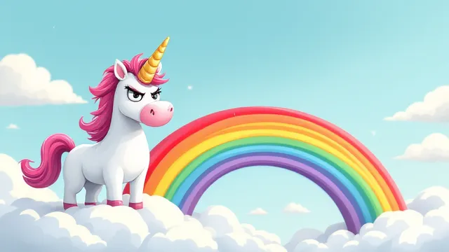 A grumpy cartoon unicorn standing on the clouds next to a giant rainbow